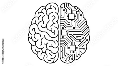 Human brain split into biological and digital circuit halves.