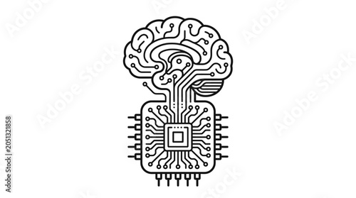Human brain structure growing from a microchip base icon.