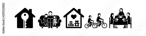 Fotografía Black and white pictograms depicting family life: buying a home, reading, playroom toys, cycling, and dining