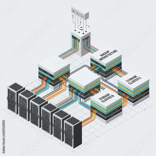 Modern Data Center Infrastructure with Servers and Storage Clusters.