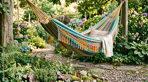 Close-up of a colorful hammock for relaxing in the garden. Beautiful photo of natural fabric hammock in location