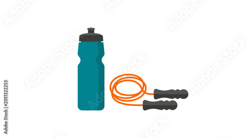 Foto Blue water bottle and orange jump rope with black handles, perfect exercise tools for fitness enthusiasts and workout routines