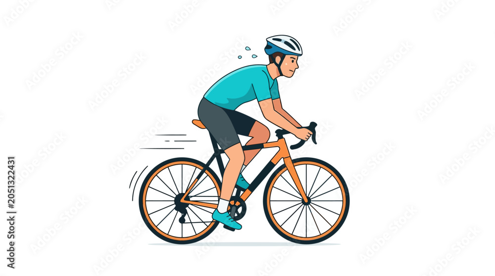 Fototapeta premium Active sports concept of a sweaty cyclist in a teal shirt and dark shorts on an orange bicycle. Suitable for sports and fitness designs.