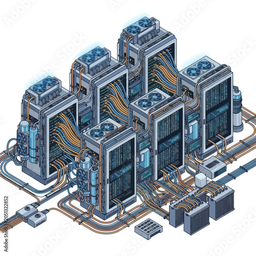 Modern Server Room with Advanced Cooling Systems and Interconnected Cables.