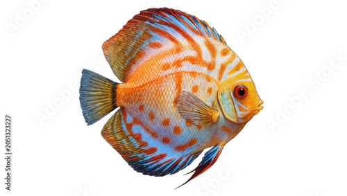 Foto Orange and blue striped discus fish with red eyes