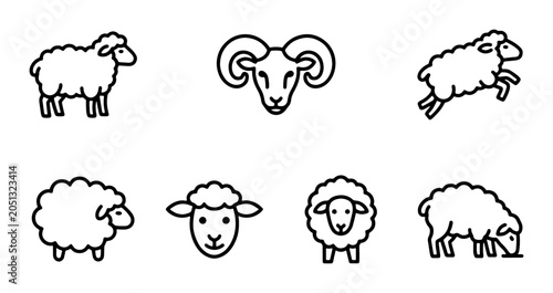 Sheep Icons Set, Ram Head Vector Graphics, Farm Animal Line Art Collection, Livestock Symbols