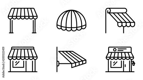 Store Awnings Vector Icons Set, Shop Canopy & Facade Shades Collection