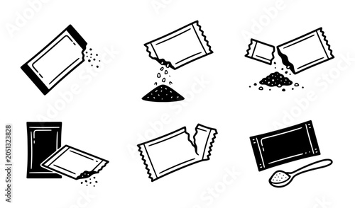 Sugar Packet Icons, Sachet Set, Food Ingredient Packaging, Spoon and Powder Graphics