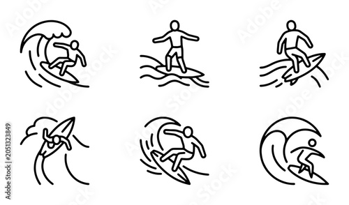 Surfing Icons Set, Ocean Wave Rider Vector Graphics, Summer Beach Sport Collection