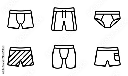 Underwear Icons Set, Men's Briefs and Boxer Shorts Collection, Simple Line Art Apparel Graphics