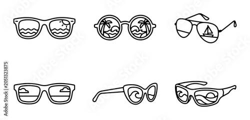 Cuadro en lienzo Summer Sunglasses Collection, Beach Scene Reflections, Vector Icons for Travel a