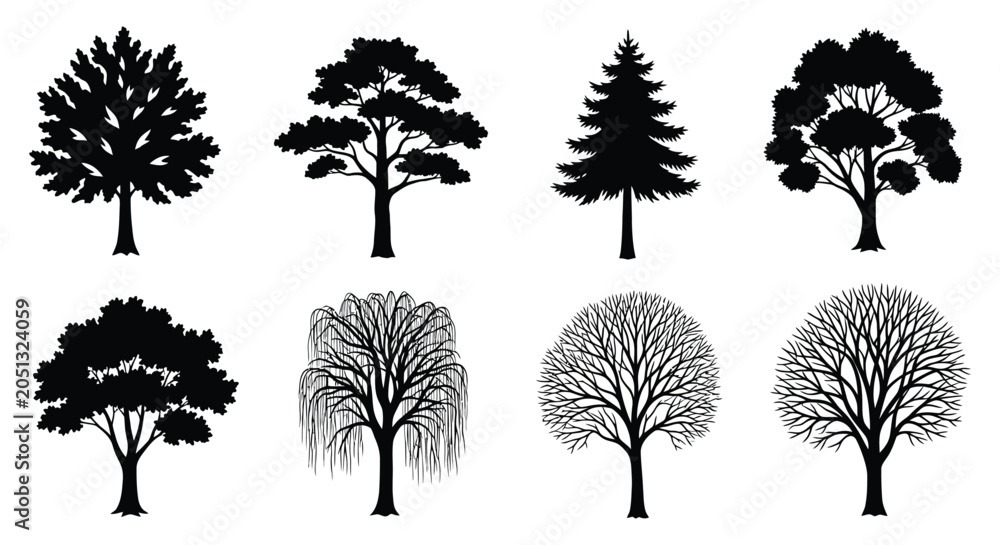 Fototapeta premium Tree Silhouettes Collection Black Vector Illustration On White Background
