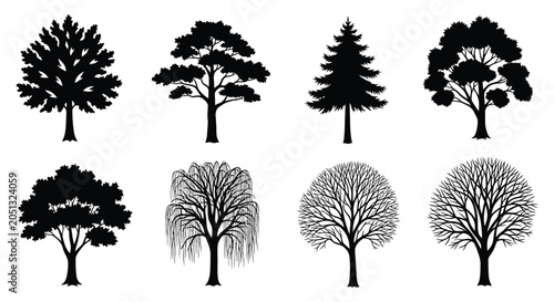 Foto Tree Silhouettes Collection Black Vector Illustration On White Background