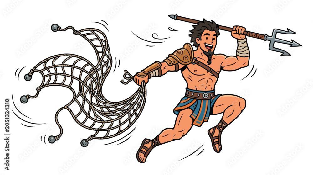 Fototapeta premium Mythical creature resembling a humanoid with a fish tail and trident, depicted in a dynamic pose in a fantasy