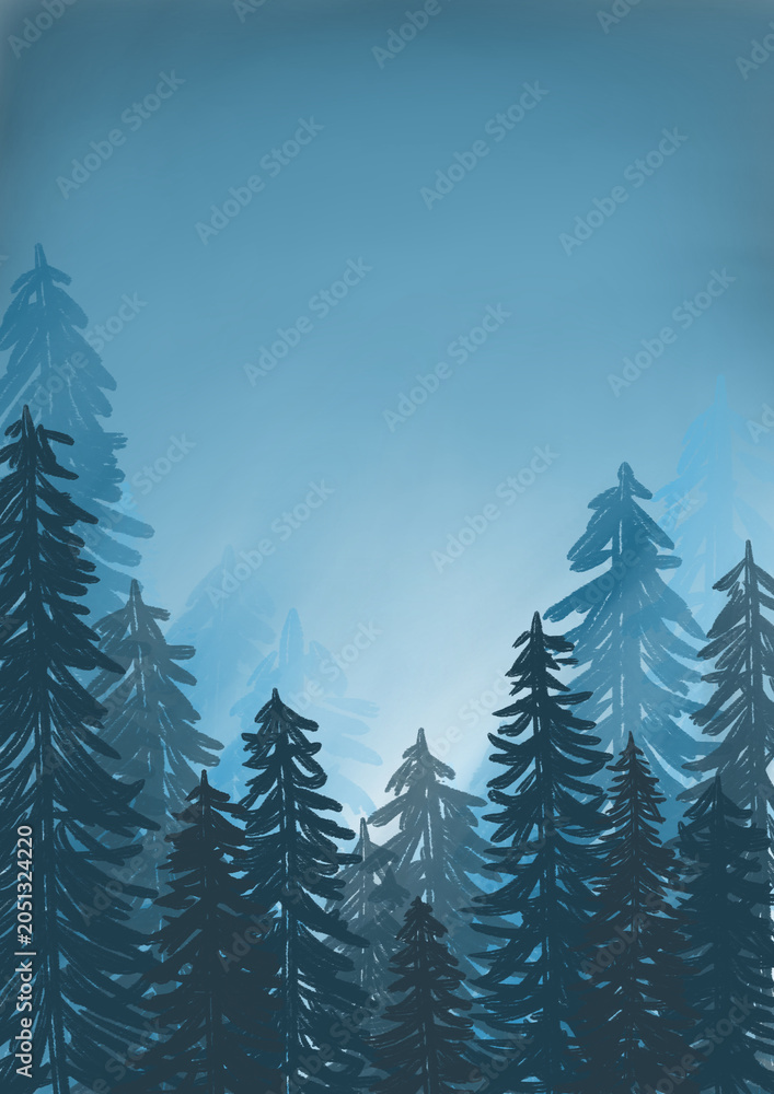 Obraz premium Misty blue foggy pine forest landscape background illustration