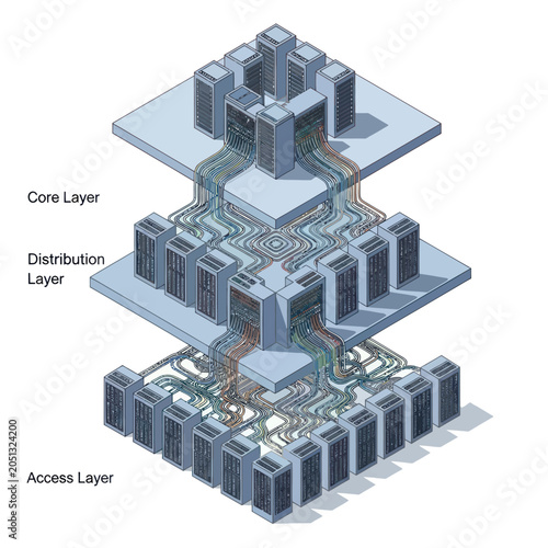 Three-Layer Network Architecture Diagram with Core Distribution and Access Layers.