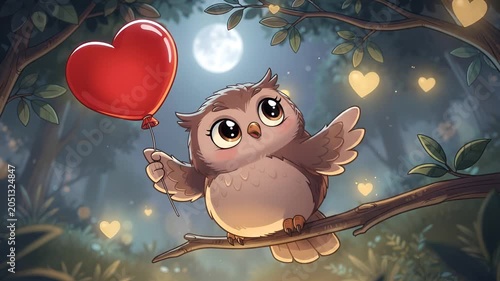 Cute animated owl holding a red heart balloon in a magical moonlit forest scene