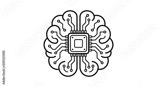 Circular brain pattern with central computer processor chip icon