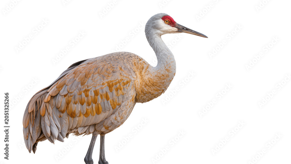 Fototapeta premium Sandhill crane bird with red crown patch and grey feathers