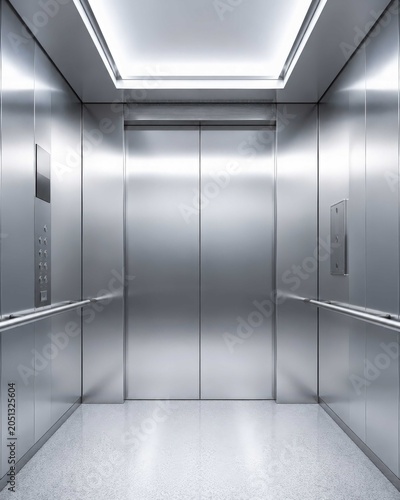 Minimalist medical facility elevator with brushed metal walls, bright ceiling lighting and contemporary healthcare architecture