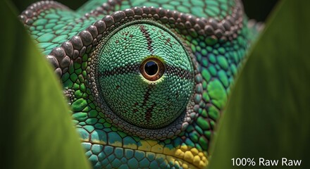 Intense Close-up of a Chameleon's Eye Amidst Lush Green Foliage, Showcasing Incredible Detail and Natural Camouflage
