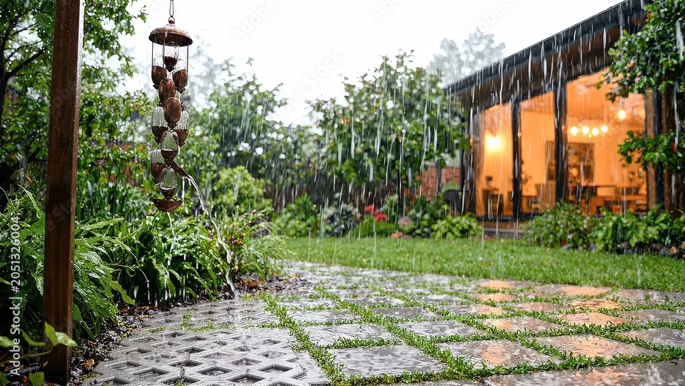 Fototapeta premium Rainfall in a lush garden with decorative wind chimes swaying gently, showcasing vibrant greenery and a cozy home interior illuminated through large windows