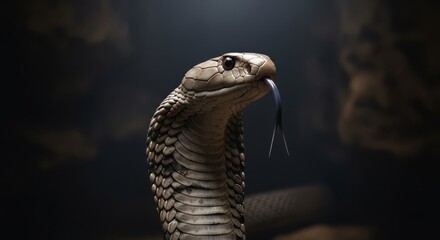 Majestic Cobra Head Raised with Forked Tongue Flicking, Displaying Intricate Scales in Dark Natural Setting