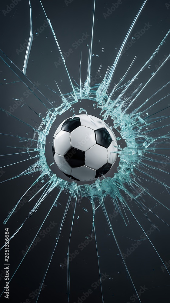 Fototapeta premium A soccer ball smashes through a shattered glass window with sharp fragments flying everywhere