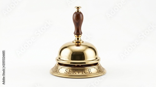 Classic polished brass service bell with a turned wooden handle and embossed 