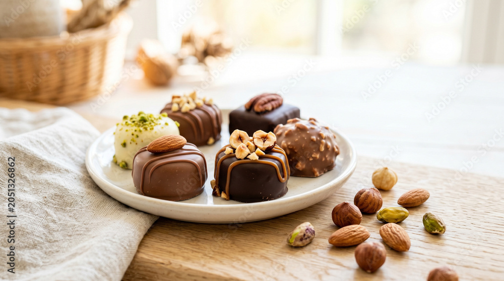 Fototapeta premium Chocolate pralines with nuts arranged on a plate in natural light 