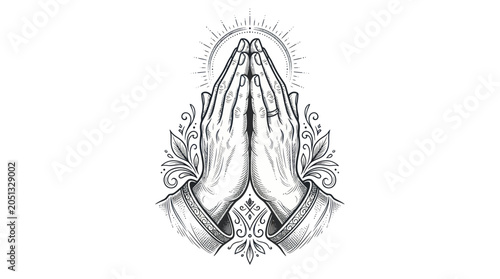 Foto Praying Hands with Radiant Halo and Floral Ornaments