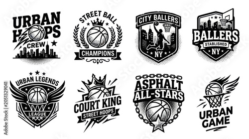 Fotografie Urban Basketball Logos: Street Ball, Hoops, City Champions, Ballers