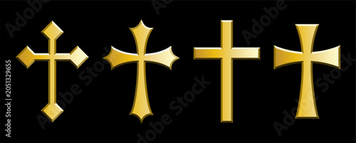 Cross vector shape collection symbol. Shining metal gold illustration. Artistic golden crosses. Christianity sign set. Christian religion icon. Jewelry design logo. Gothic crusade crucifix.