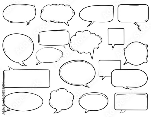 A collection of 18 various outlined speech bubbles on a white background
