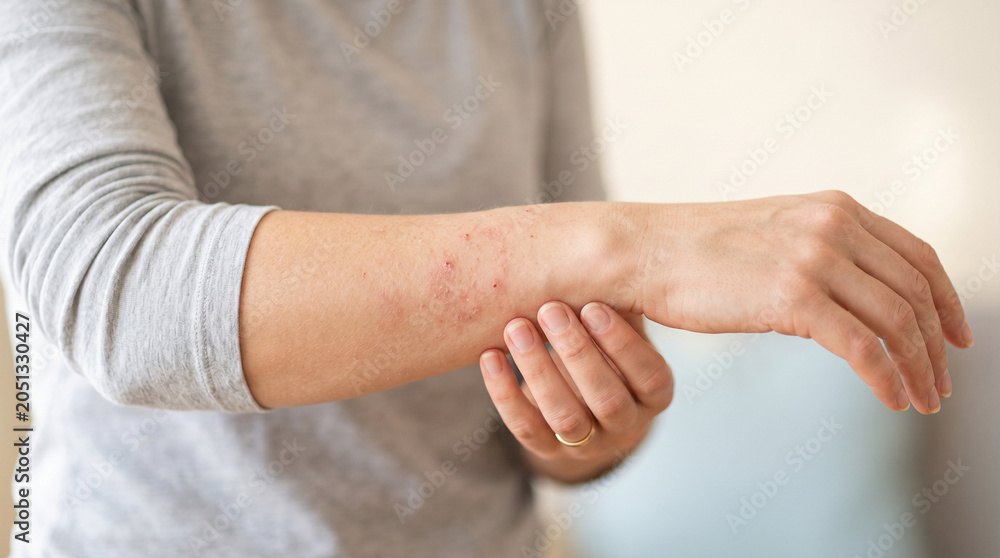 Fototapeta premium Woman showing chronic skin condition on her arm at home - Concept of World Psoriasis Day