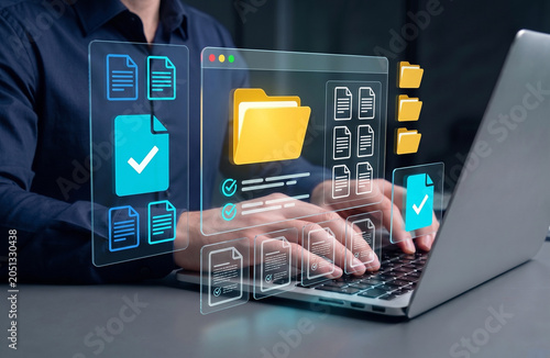 Obraz na plátně digital document management system on laptop screen showing electronic file orga