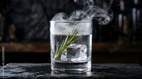 Botanical cocktail glass with crystal clear ice cube and smoke
