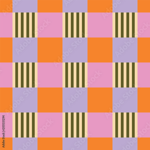 Colour block grid seamless repeat with embedded fine stripe details. Graphic surface design with a woven textile feel and retro mid-century sensibility.