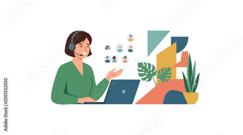 Quadro su tela A woman wearing a headset uses a laptop while communicating with several people through floating profile icons in a modern office space