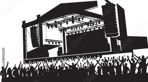 Large crowd watching outdoor concert under stage lights isolated on transparent background, Vector