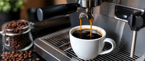 Brewing coffee at home using an espresso machine with fresh coffee beans in the morning