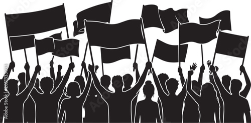 Crowd of people holding black protest flags rallying together isolated on transparent background, Vector