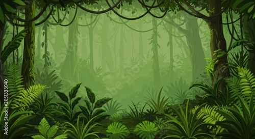 Misty tropical forest green landscape.
