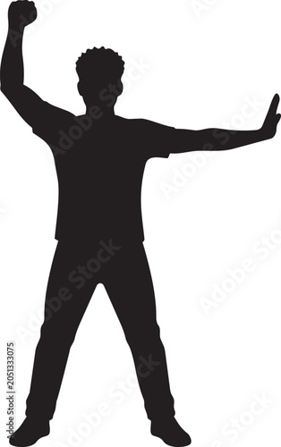 Silhouette person standing with arms raised in victory pose isolated on transparent background, Vector