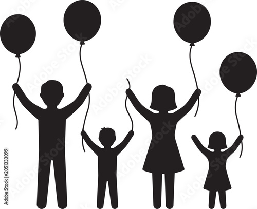 Family holding black balloons standing together isolated on transparent background, Vector