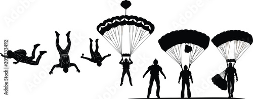 Fotografie Professional Skydiving and Parachuting Silhouette Vector Set Featuring Skydivers