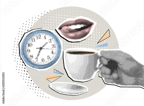 Trendy Halftone Vector collage with hand holding mug of tea or coffee, lips and alarm clock. Break time. Break concept, time for rest, coffee break to relax.  Vector illustration