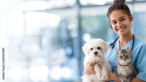 veterinary care center, veterinarian holding a dog, a cat sits nearby, elegant clinic interior, premium medical technology, space for marketing copy,  professional healthcare branding