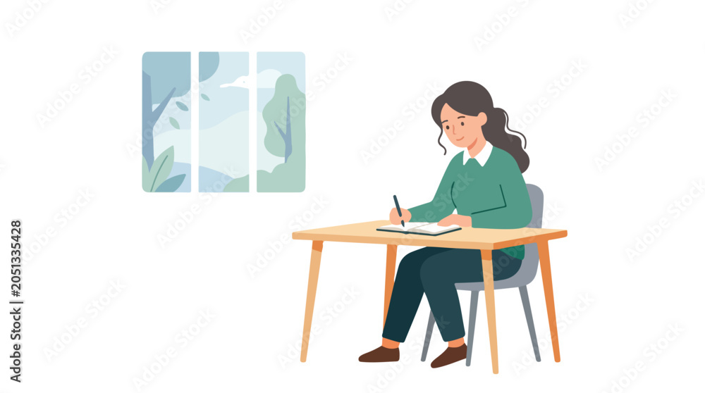 Fototapeta premium A young woman sits at a wooden desk writing in her journal, positioned near a window that looks out onto a serene park landscape.