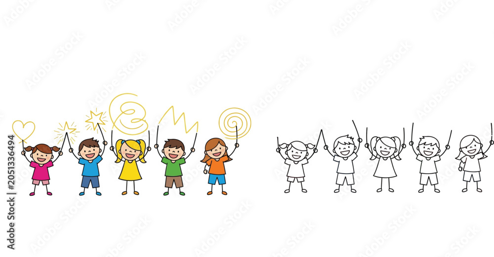 Fototapeta premium Set of Happy Diverse Children Holding Sparklers Creating Light Painting Shapes like Hearts and Stars, Including Color Illustration and Black and White Outline Coloring Page Version